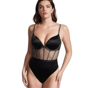 Victoria’s Secret Black Subtle Shine Push Up Teddy One Piece Womens XS
